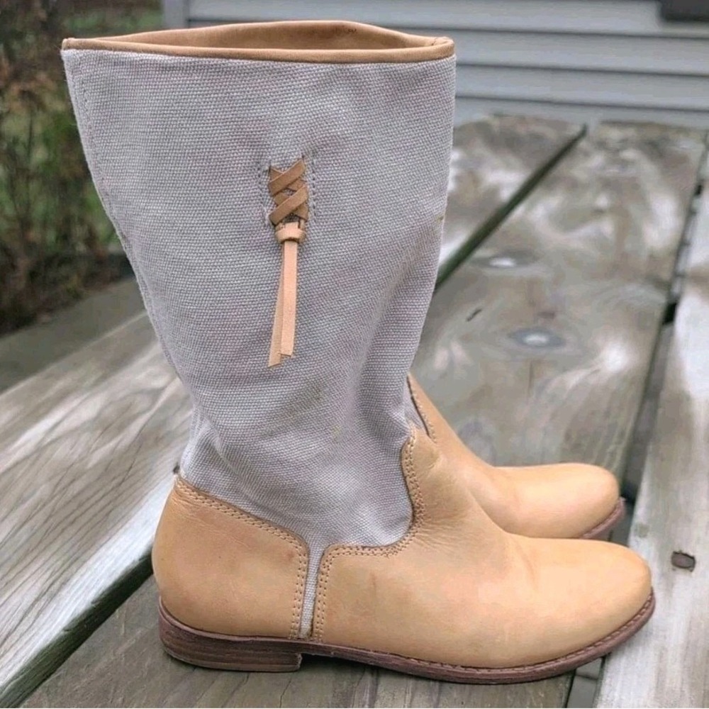 Matisse Cochella Women's Mid Calf Canvas‎ Boots Tan Leather Low Heel Sz 7 M EUC